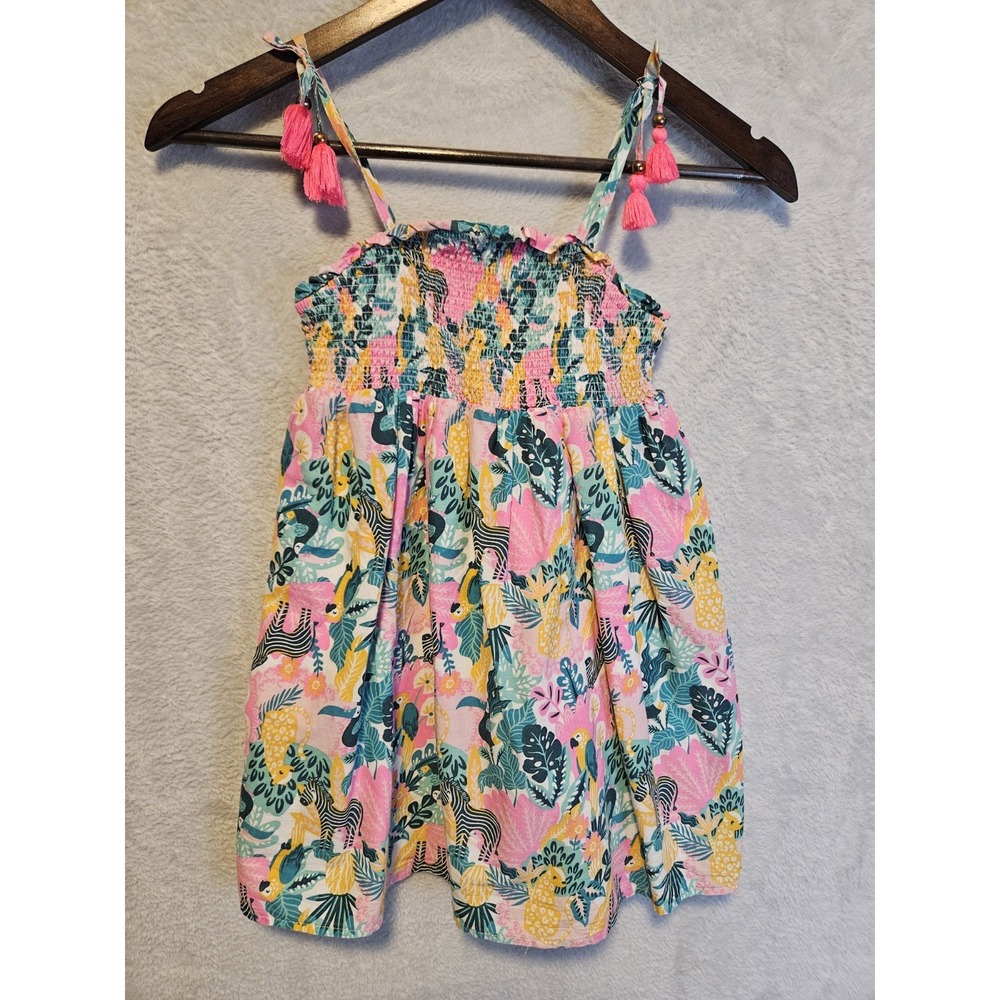 Tommy Bahama Floral Babydoll Sun Dress Tropical Print Girls Size 5 Zebra Tassels